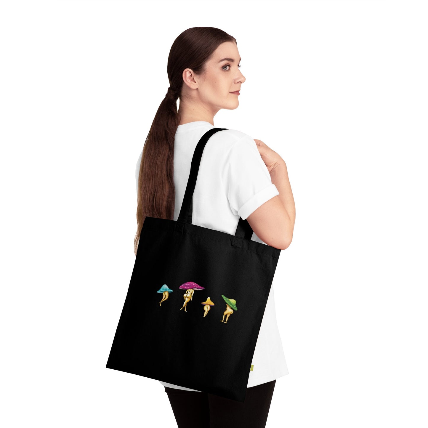 Cute Funny Colorful Mushroom Lady Tote Bag, Black Organic Tote bag funny mushroom lover gift, magic mushroom ladies, Mushroom booty