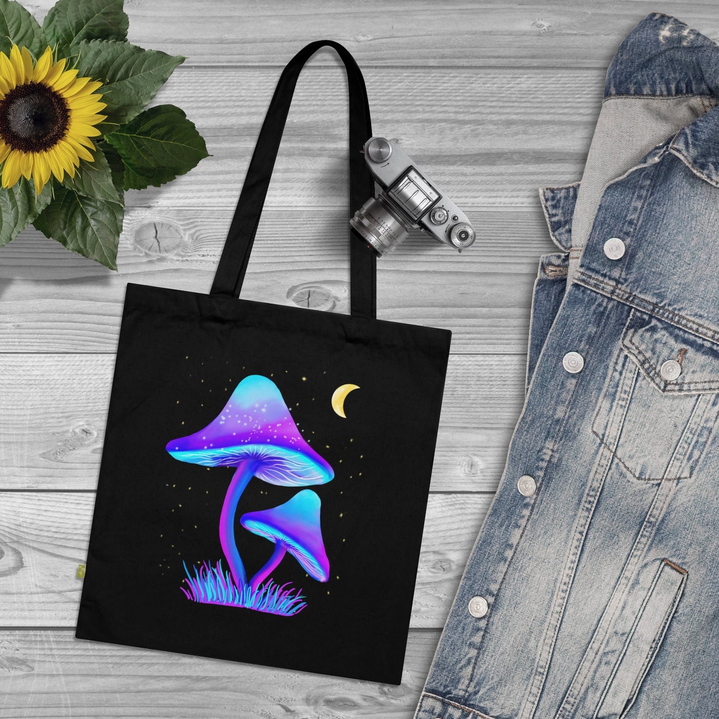 Trippy Psychedelic Trippy Mushroom Tote Bag, Organic Mushroom Tote bag, Black Vibrant Bioluminescent Mushroom Art, Colorful Trippy Cosmic