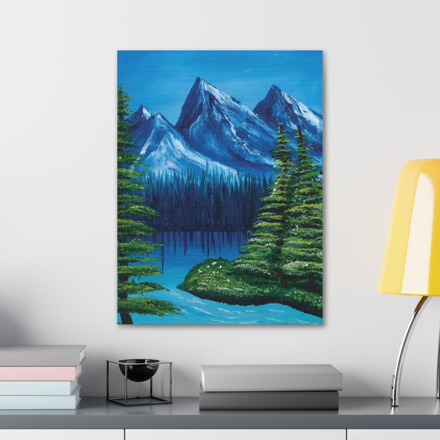 Nature painting art scene, mountain blue green nature oil painting, Canvas Gallery Wraps, pretty wall art, home decor, nature lover