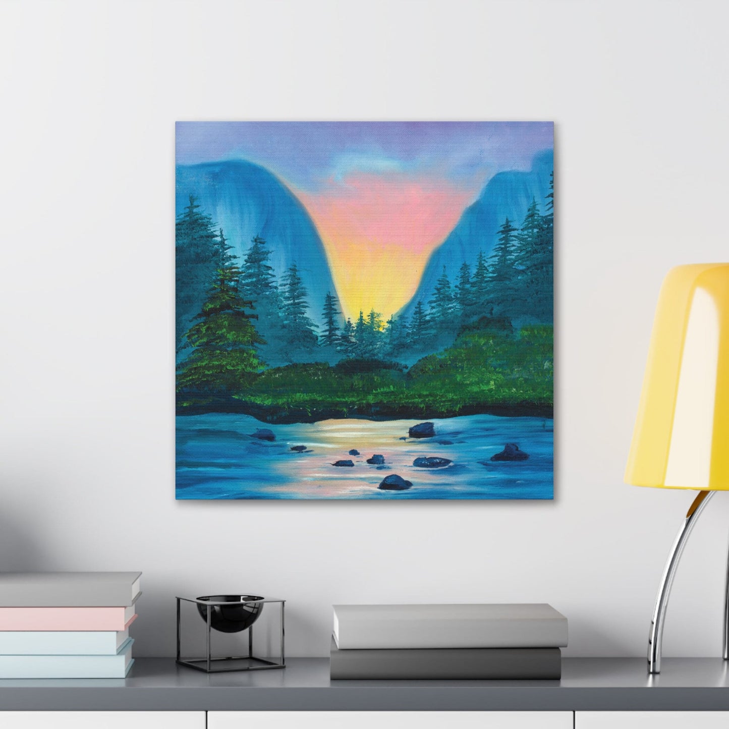 Mountain Lake Nature Scene Oil Painting, Canvas Gallery Wraps, Nature lover art canvas ready to hang, Forest Art Scene Lake Sunset Painting