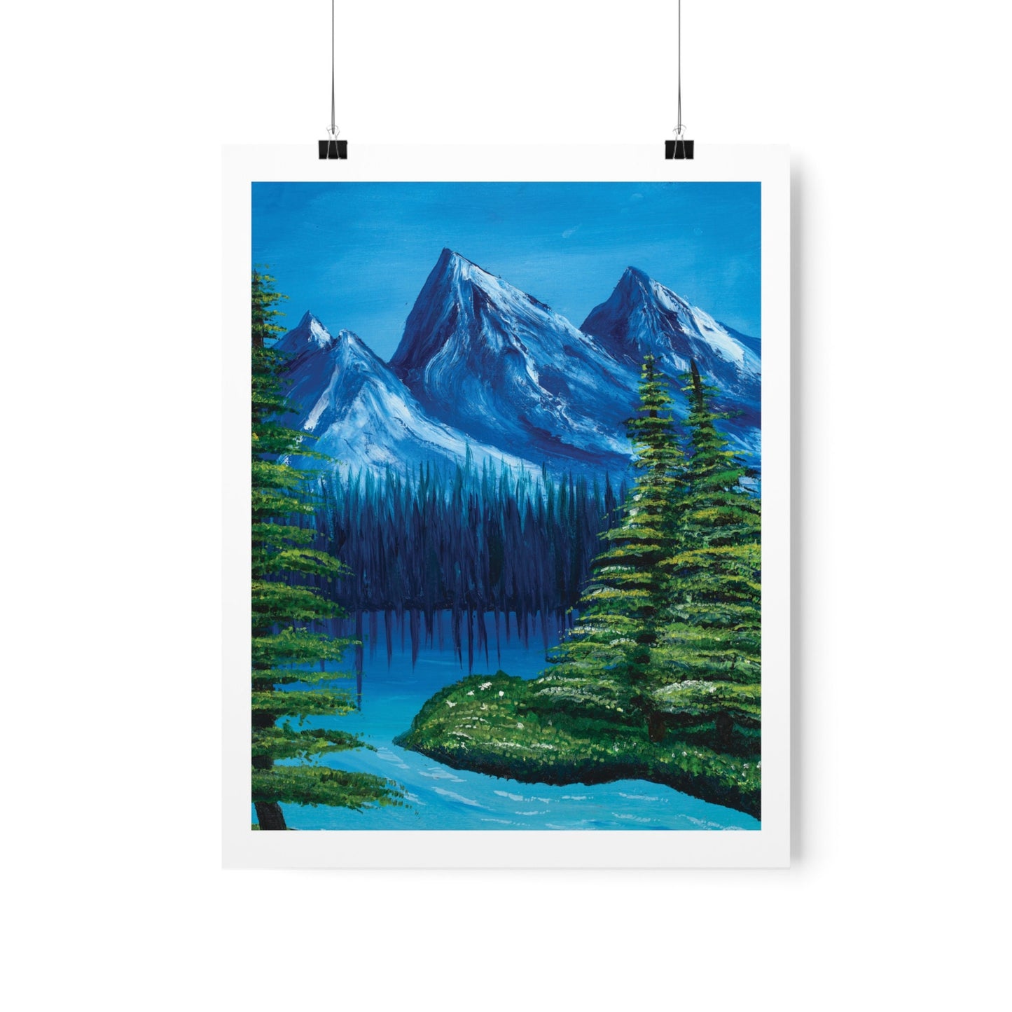 Pretty Nature Mountain Landscape Poster Oil Painting, Wall Art Home Decor, Bedroom, Landscape Scene, Pretty Blue Mountain Lake Water, Giclee