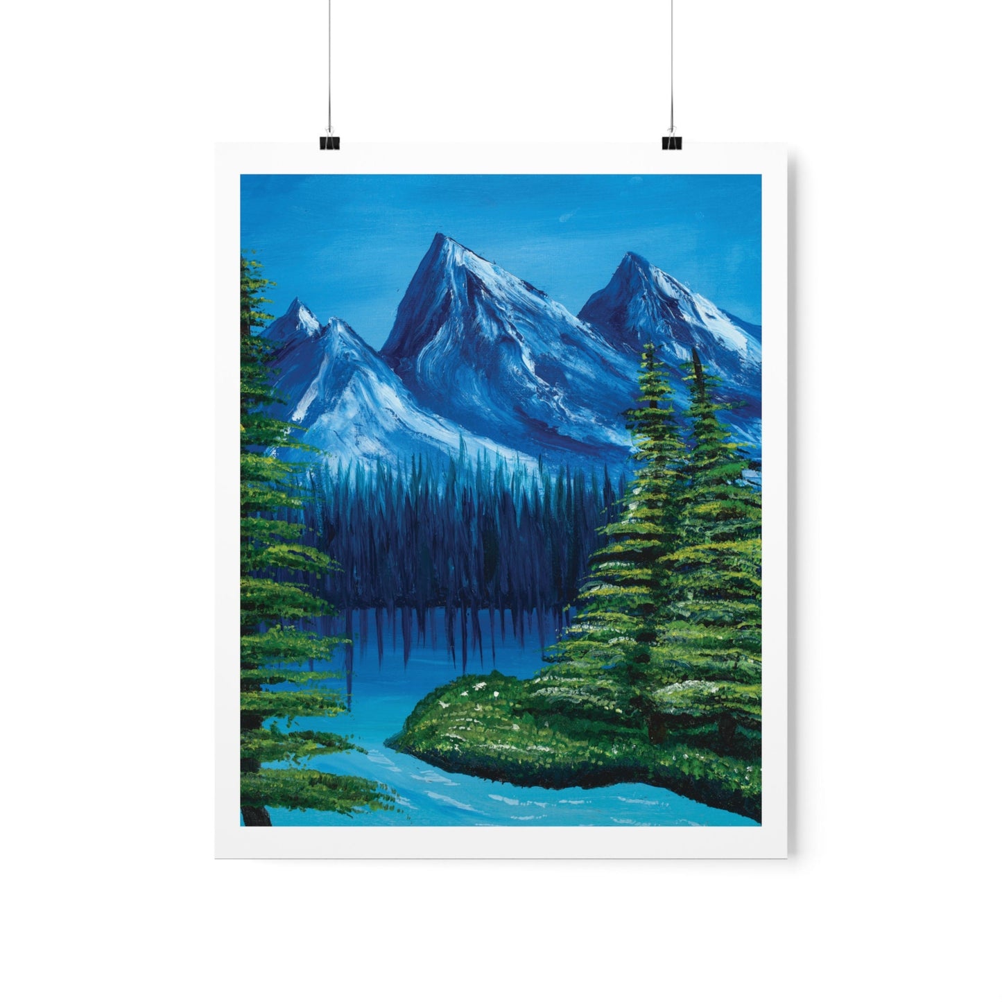 Pretty Nature Mountain Landscape Poster Oil Painting, Wall Art Home Decor, Bedroom, Landscape Scene, Pretty Blue Mountain Lake Water, Giclee