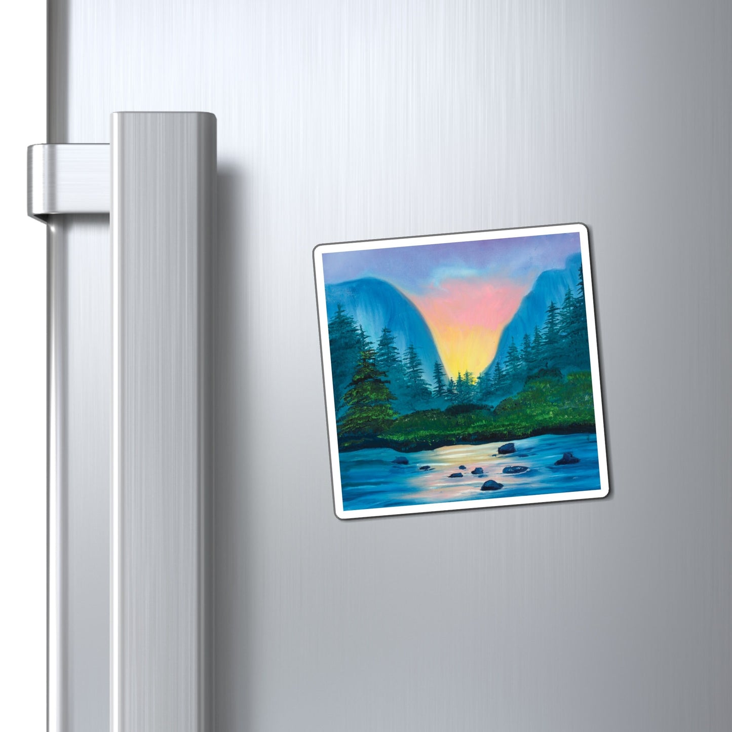 Pretty Nature Landscape Fridge Magnet, Mountain Lake sunset oil painting, Pretty Magnet Art, Original Painting Magnet