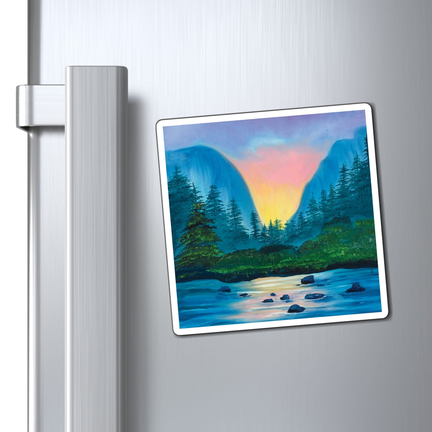Pretty Nature Landscape Fridge Magnet, Mountain Lake sunset oil painting, Pretty Magnet Art, Original Painting Magnet
