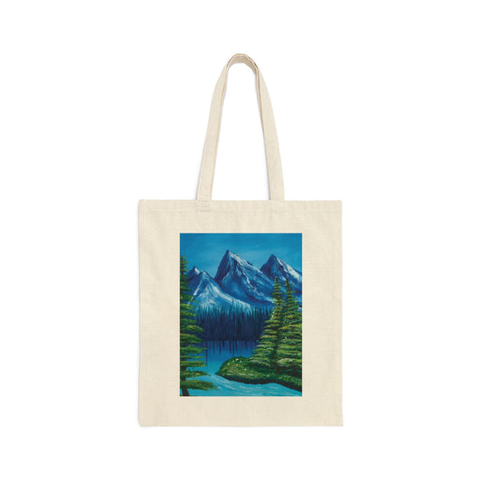 Cotton Canvas Tote Bag, Nature Oil painting, pretty blue landscape painting, mountain lake blue green painting, pretty cotton tote bag