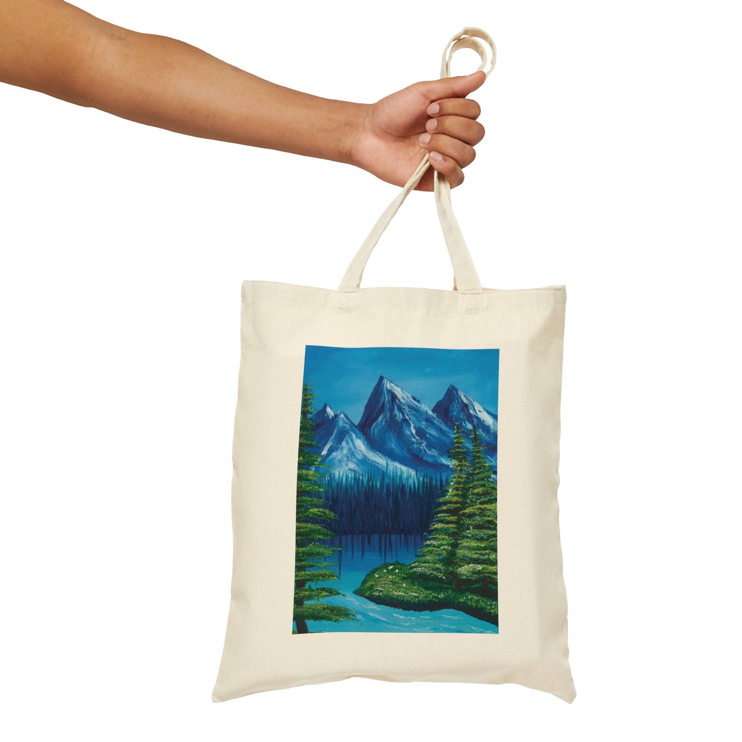 Cotton Canvas Tote Bag, Nature Oil painting, pretty blue landscape painting, mountain lake blue green painting, pretty cotton tote bag