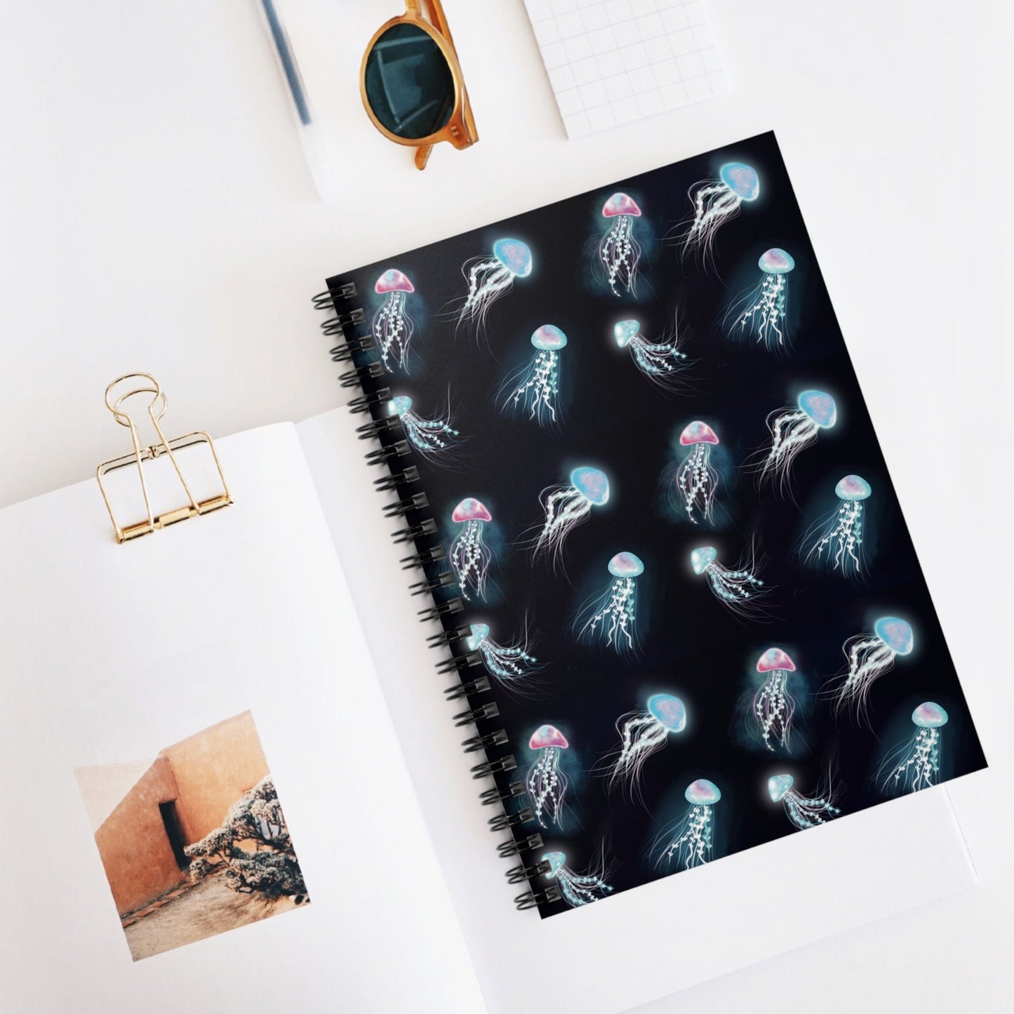 Bioluminescent Jellyfish Notebook, Spiral bound wide ruled journal, cool glowing jellyfish art, Journal notebook cool notebook for school