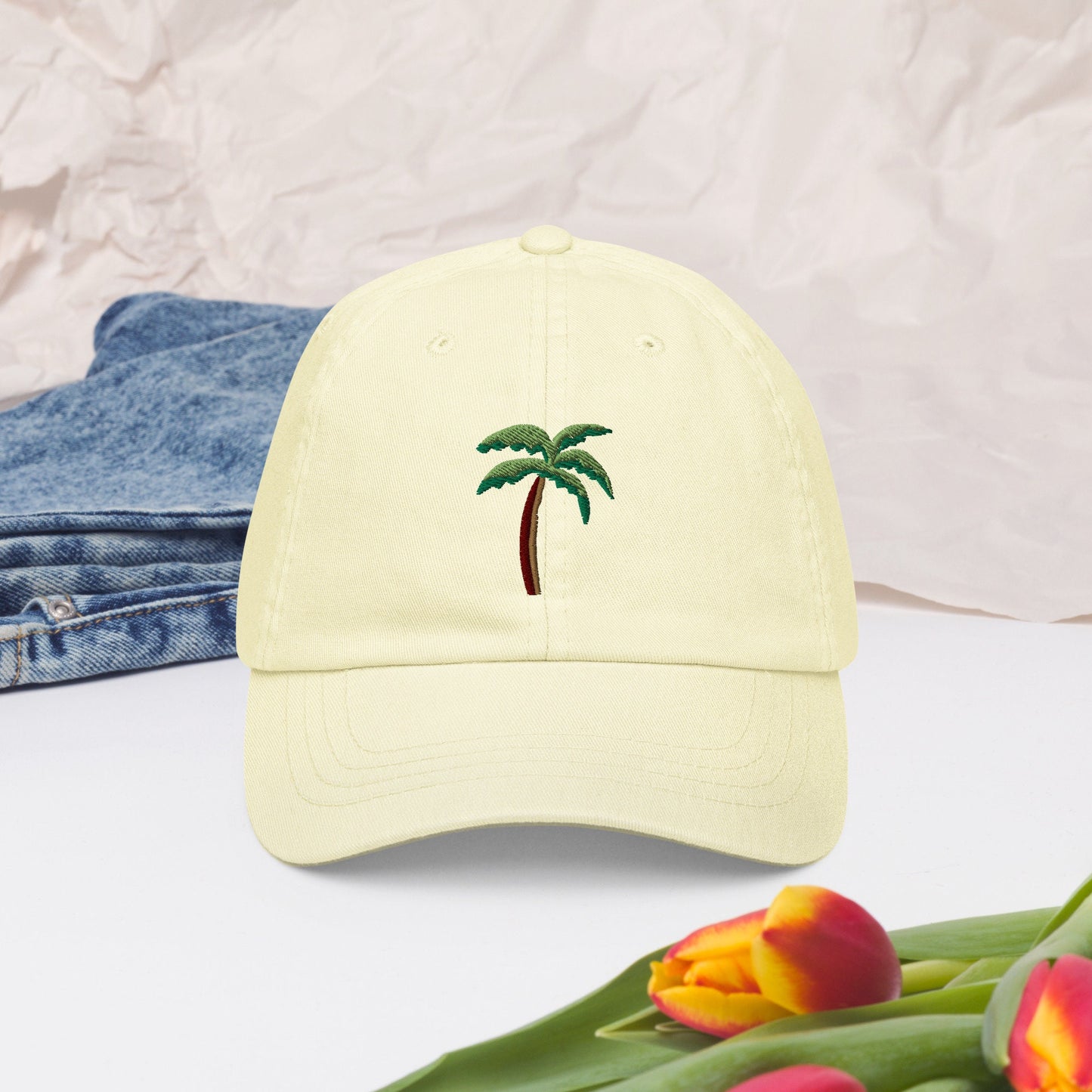 Cute palm tree pastel embroidered hat, tree embroidery, plant lover gift, tropical palm tree hat, cute embroidered summer hat