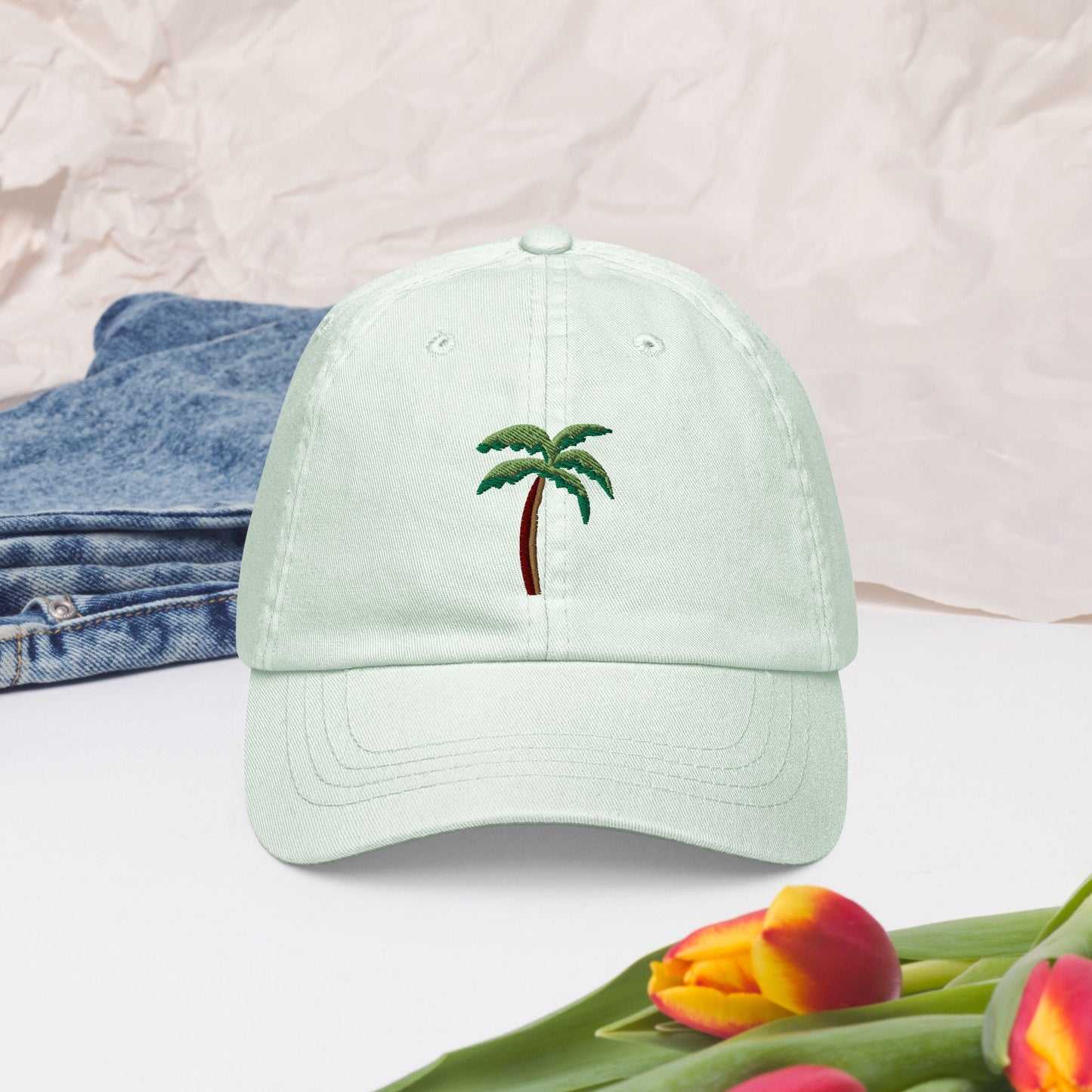 Cute palm tree pastel embroidered hat, tree embroidery, plant lover gift, tropical palm tree hat, cute embroidered summer hat