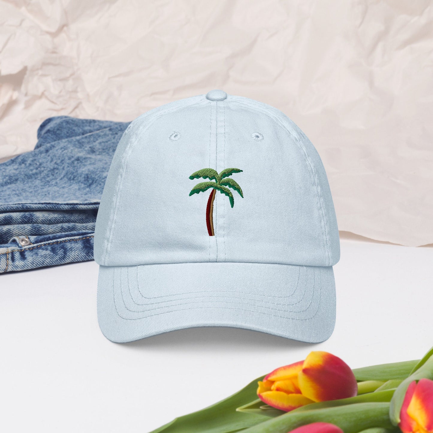 Cute palm tree pastel embroidered hat, tree embroidery, plant lover gift, tropical palm tree hat, cute embroidered summer hat