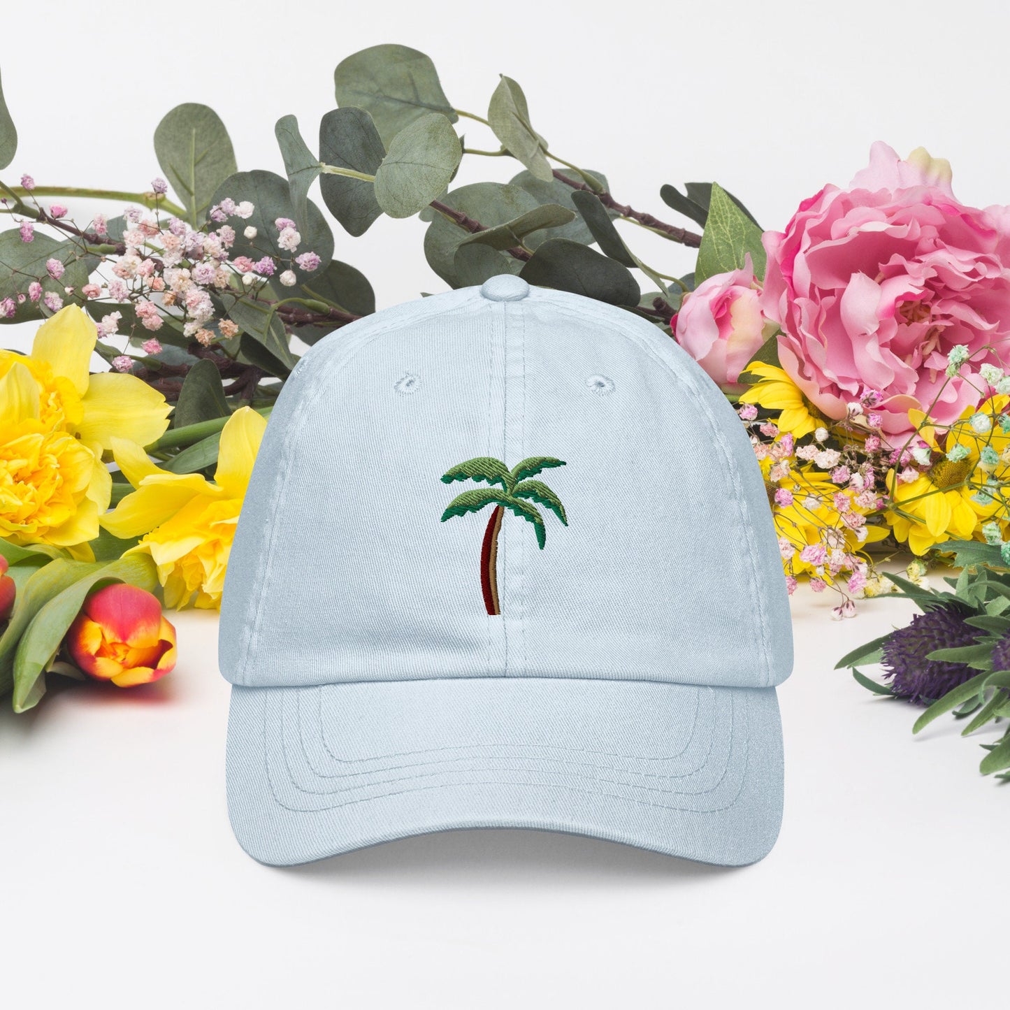 Cute palm tree pastel embroidered hat, tree embroidery, plant lover gift, tropical palm tree hat, cute embroidered summer hat