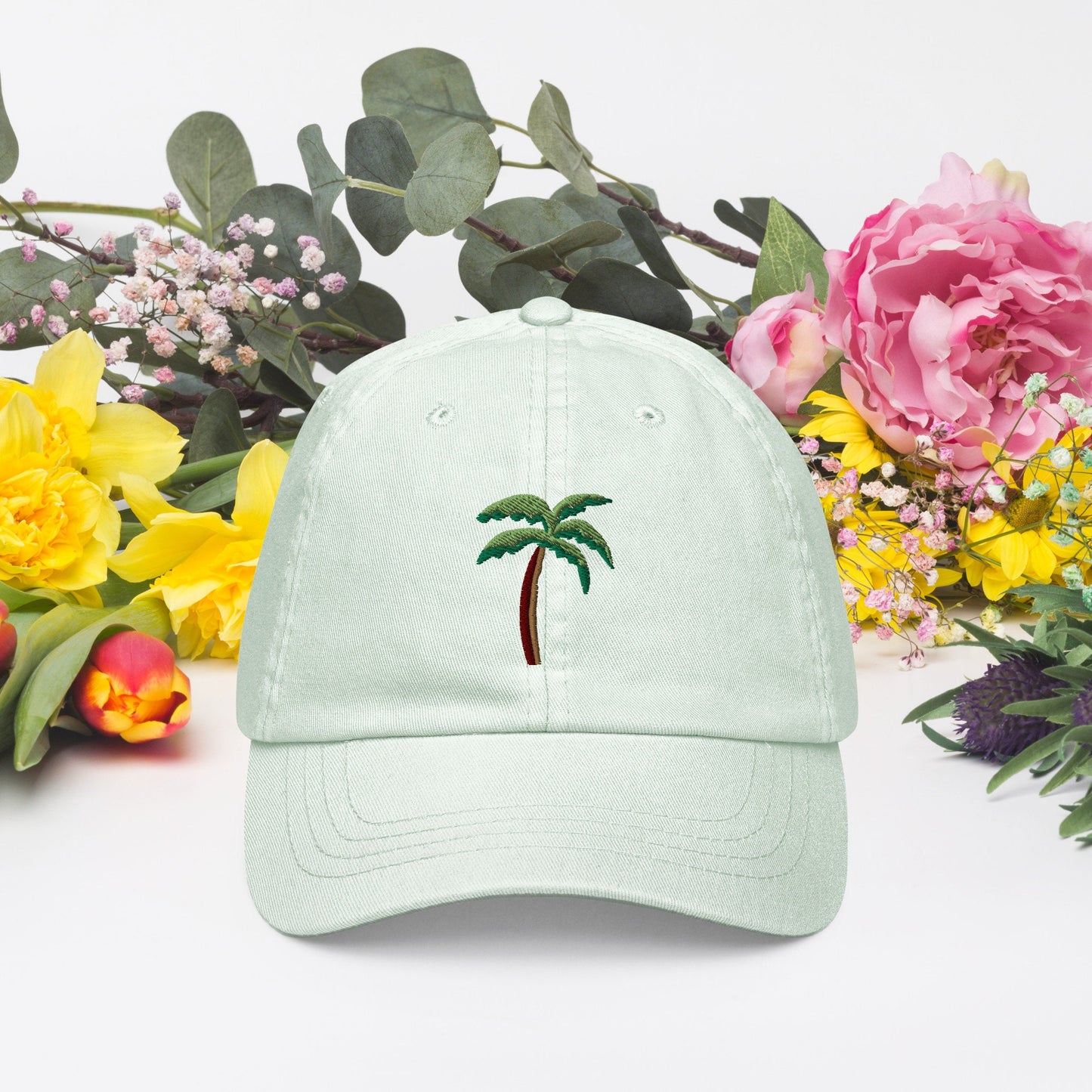 Cute palm tree pastel embroidered hat, tree embroidery, plant lover gift, tropical palm tree hat, cute embroidered summer hat